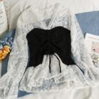Patchwork Drawstring Lace Top Black & White - One Size