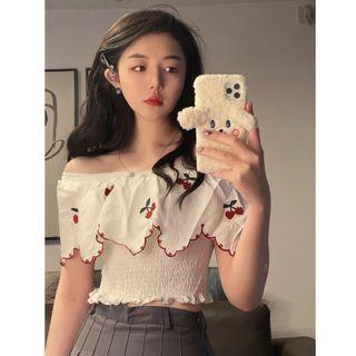 Off-shoulder Cherry Embroidered Frill Trim Shirred Blouse