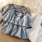 Short-sleeve Check Cropped Top / Plain A-line Skirt