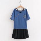 Set: Short Sleeve Tiger Embroidered T-shirt + Pleated Skirt