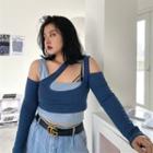 Set: Cold-shoulder Long-sleeve Top + Cropped Tank Top