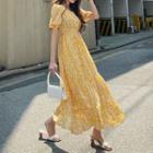 Puff-sleeve Floral Maxi Tiered Dress Yellow - One Size