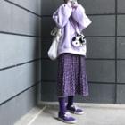 Oversize Lantern-sleeve Pullover / Flower Print Midi Skirt