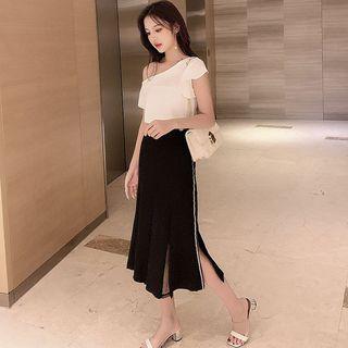 Set: One Shoulder Chiffon Top + Midi Mermaid Skirt