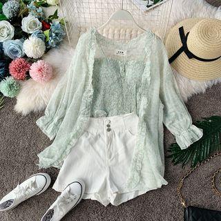 Set: Floral Camisole + Open-front Cardigan + High-waist Shorts