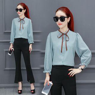 Long-sleeve Pinstripe Bow-tied Blouse