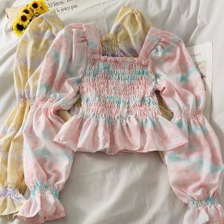 Gradient Ruffle-trim Smocked Crop Top