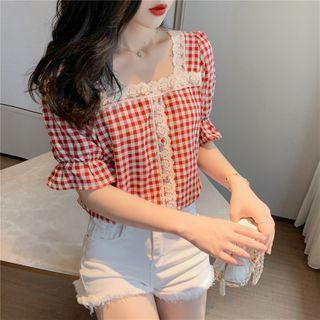 Short Sleeve Lace Trim Square Neck Check Chiffon Top