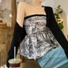Printed Ruched Tueb Top / Long-sleeve Plain Cardigan