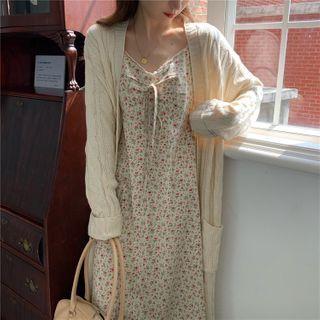 Plain Cable Knit Cardigan / Floral Lace Trim Spaghetti Strap Midi Dress