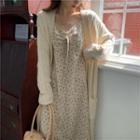 Plain Cable Knit Cardigan / Floral Lace Trim Spaghetti Strap Midi Dress