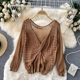 Knotted Cutout Long-sleeve Knit Top
