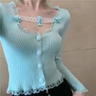 Lace Trim Long-sleeve Cropped Knit Top Mint Green - One Size