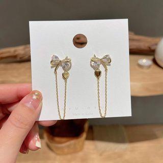 Bow Rhinestone Chained Dangle Earring 1 Pair - Gold - One Size