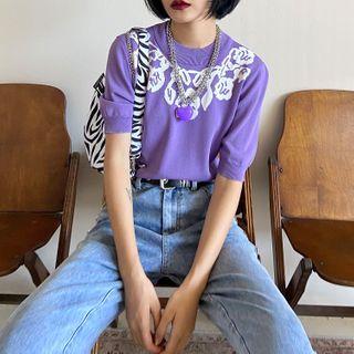 Short-sleeve Printed Cropped Knit Top