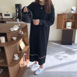 Long Sleeve Ribbed Knit Dress Black - One Size