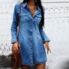Bell-sleeve V-neck Pocketed Denim Dress