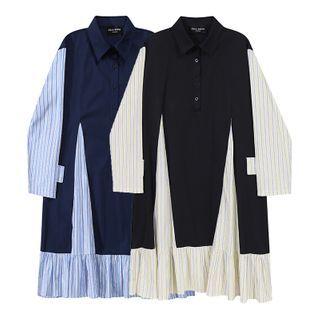 Striped Panel Midi A-line Shirtdress