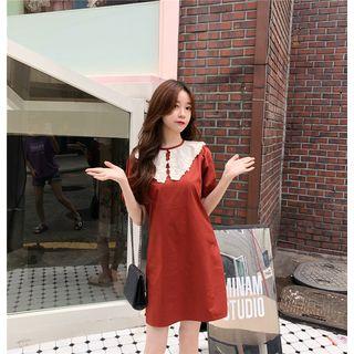 Short-sleeve Lace Panel A-line Mini Dress Brown - One Size