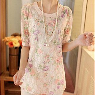 3/4 Sleeved Floral Print Lace Top