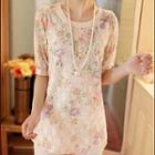 3/4 Sleeved Floral Print Lace Top