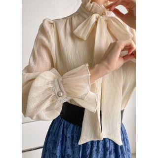 Frilled Tie-neck Bell-cuff Blouse Black - One Size