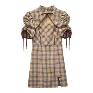 Short-sleeve Cutout Plaid Mini Qipao