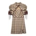 Short-sleeve Cutout Plaid Mini Qipao