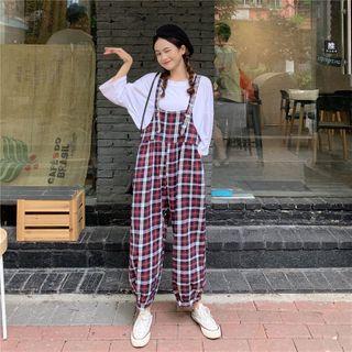 Long-sleeve Plain T-shirt / Plaid Jumpsuit