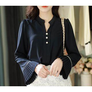 Faux-pearl Button Pleated-cuff Top