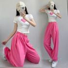 Short-sleeve Heart Print T-shirt / High Waist Wide Leg Sweatpants