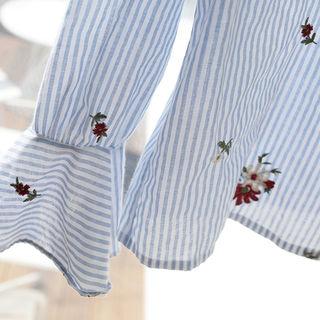 Frill-cuff Flower Embroidered Stripe Shirt