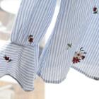 Frill-cuff Flower Embroidered Stripe Shirt