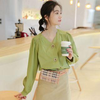 Long-sleeve Crinkled Buttoned Top