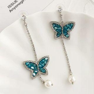 Butterfly Asymmetrical Rhinestone Dangle Earring 1 Pair - Blue - One Size
