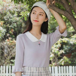 Floral Embroidered Elbow-sleeve Knit Top