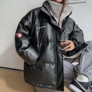 Mock Two-piece Faux Leather Zip-up Jacket