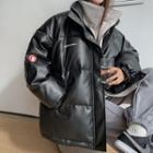 Mock Two-piece Faux Leather Zip-up Jacket