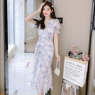 Puff-sleeve Floral Print Drawstring Midi A-line Dress (various Designs)