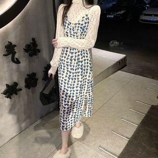 Long-sleeve Turtleneck Lace Top / Spaghetti Strap Print Midi A-line Dress