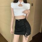 Short-sleeve Cutout Cropped T-shirt / Lace-up Mini Denim Pencil Skirt