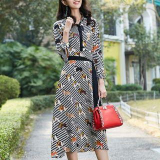Dog Print Striped Long Sleeve Midi Dress