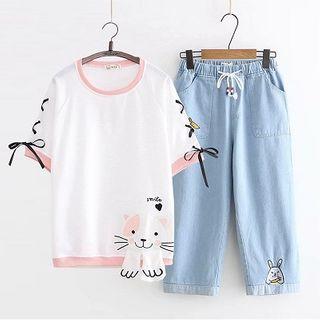 Cat Embroidered Short-sleeve T-shirt / Cropped Jeans / Set