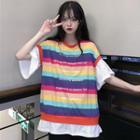 Mock Two-piece Striped Tee As Shown In Figure - One Size