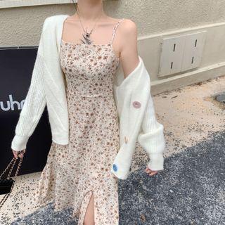 Spaghetti Strap Floral Print Midi Mermaid Dress / Cardigan
