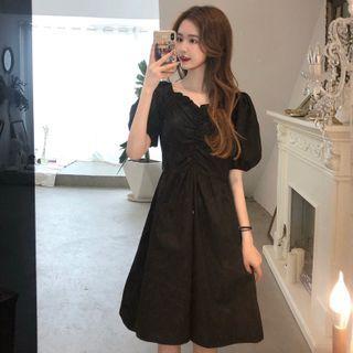 Puff-sleeve Ruched Dress Black - One Size