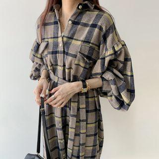 Long-sleeve Plaid Sashed Shirtdress