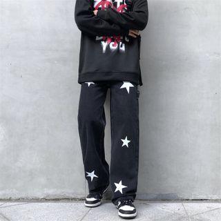 Mid Rise Star Print Loose Fit Jeans
