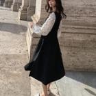 Square-neck Dotted Balloon-sleeve Midi A-line Dress