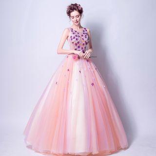 Sleeveless Beaded Rosette Ball Gown Wedding Dress